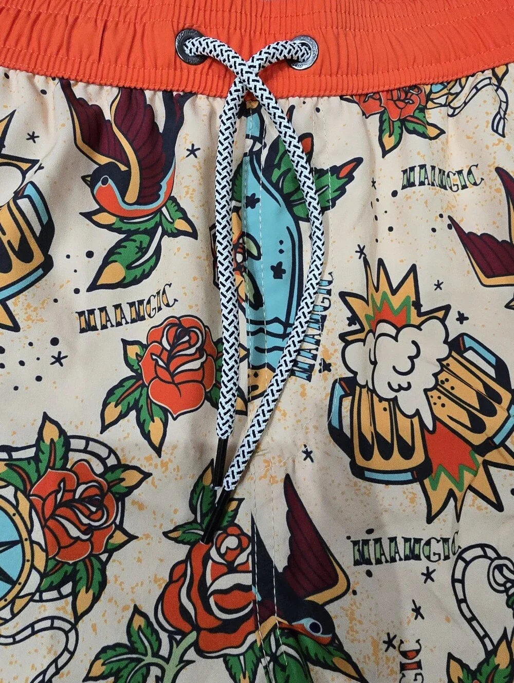 Maamgic Graphic Tattoo Print Artsy Mens Swim Trunks XL Beige Orange Tropical